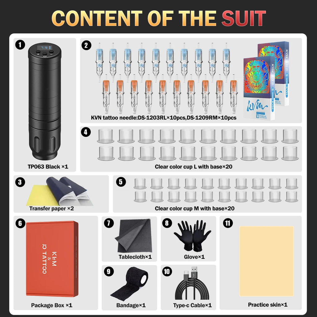 KVM Tattoo pen set rotate wireless Tattoo machine kit Tattoo Gun Kit For body permanent makeup tattoo machine  tattoo supplies