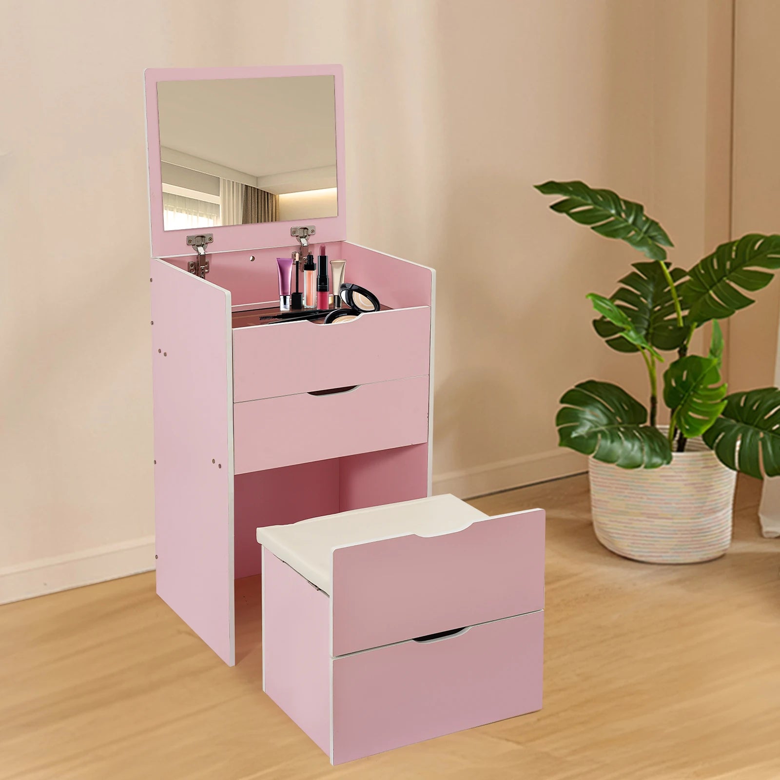 3 Drawers Vanity Desk, Freestanding Vanity Desk with Makeup Stool, Modern Rectangular Makeup Vanity Table