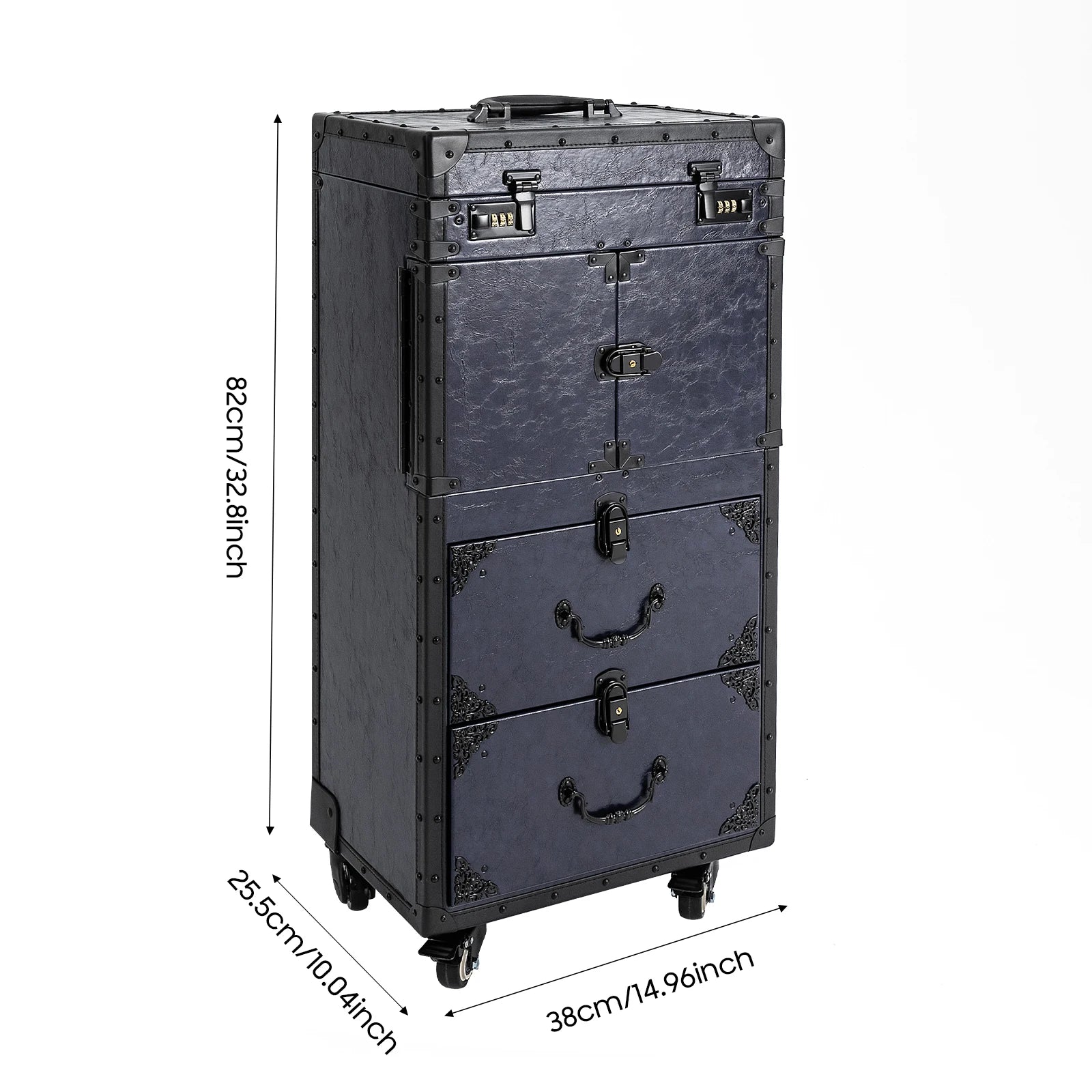 Rolling Lockable Vintage Makeup Train Case Hairdressing Trolley Beauty Salon Cosmetic Organizer Travel Box with Metal Wheels