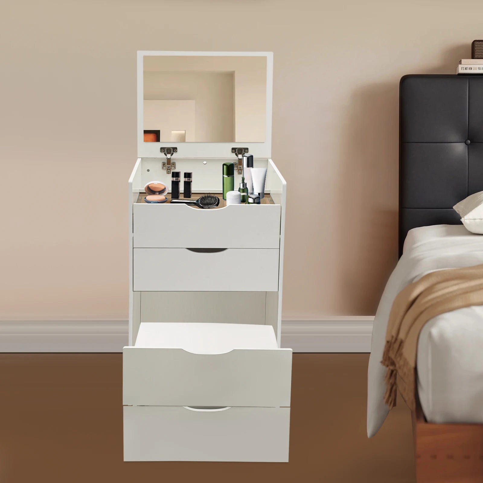 3 Drawers Vanity Desk, Freestanding Vanity Desk with Makeup Stool, Modern Rectangular Makeup Vanity Table