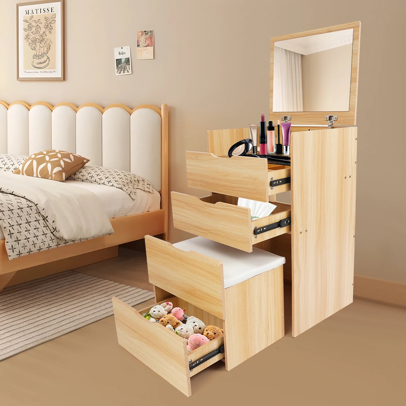 3 Drawers Vanity Desk, Freestanding Vanity Desk with Makeup Stool, Modern Rectangular Makeup Vanity Table