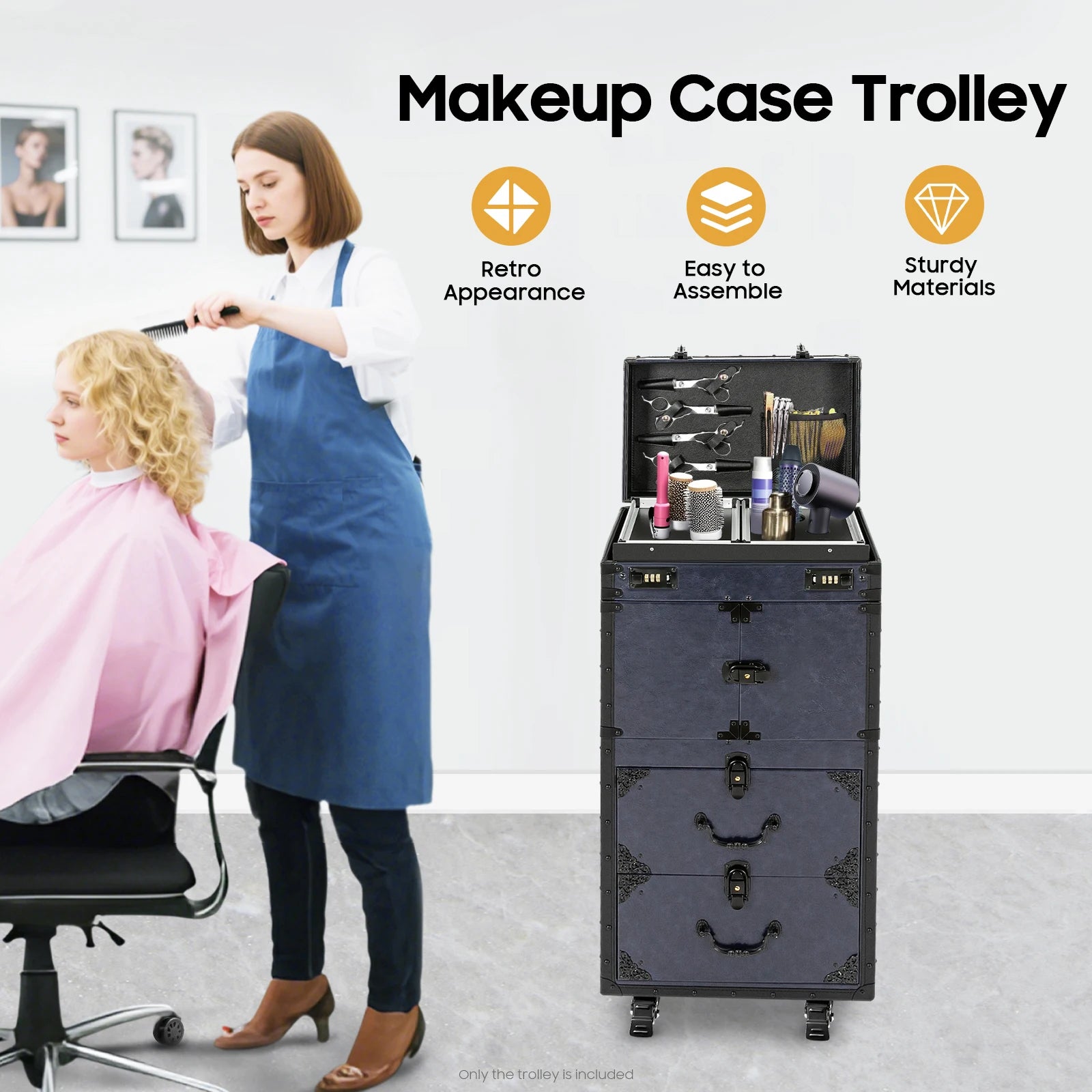 Rolling Lockable Vintage Makeup Train Case Hairdressing Trolley Beauty Salon Cosmetic Organizer Travel Box with Metal Wheels