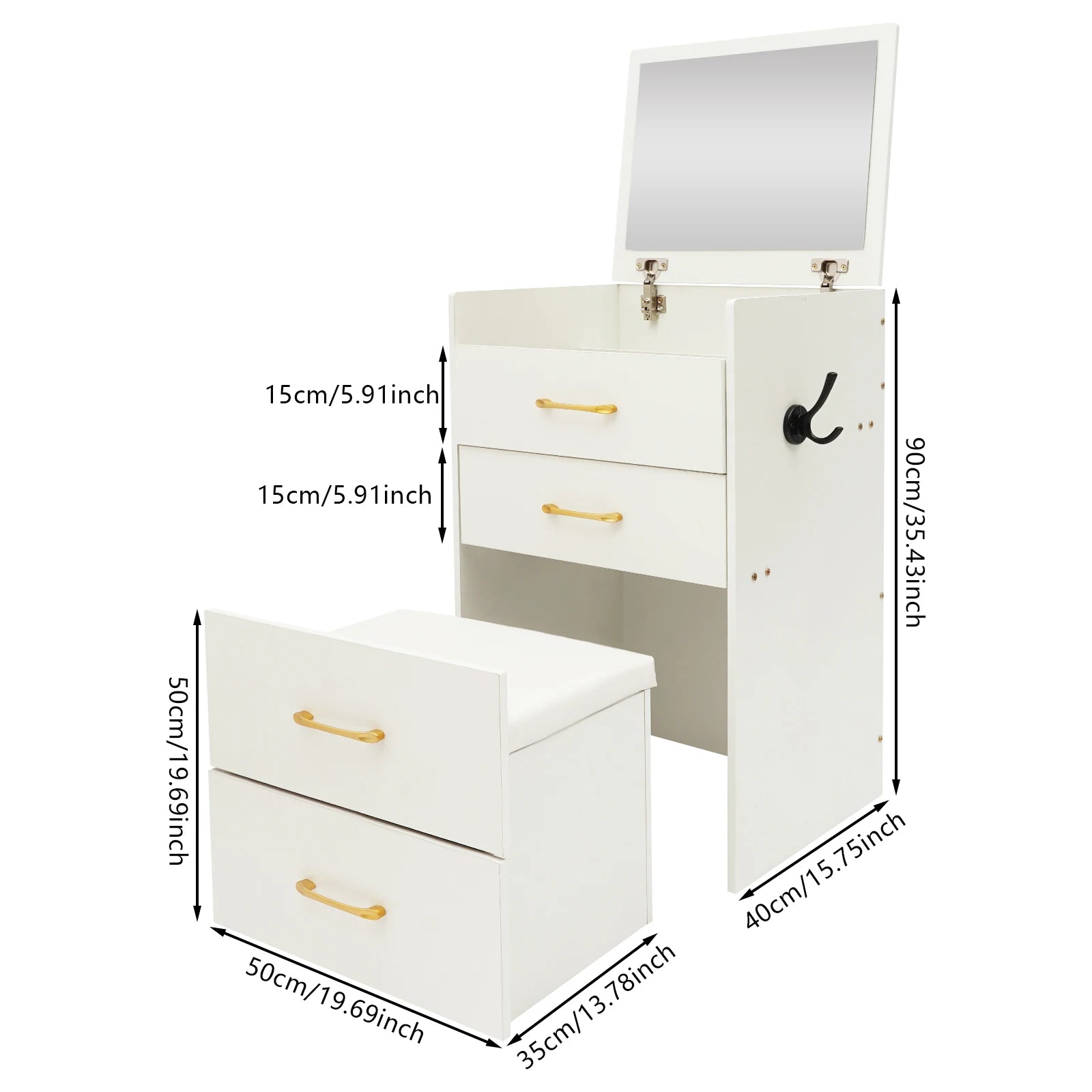 Black/White Makeup Desk with Mirror Compact Dressing Table 3-in-1 Design Small Make Up Table