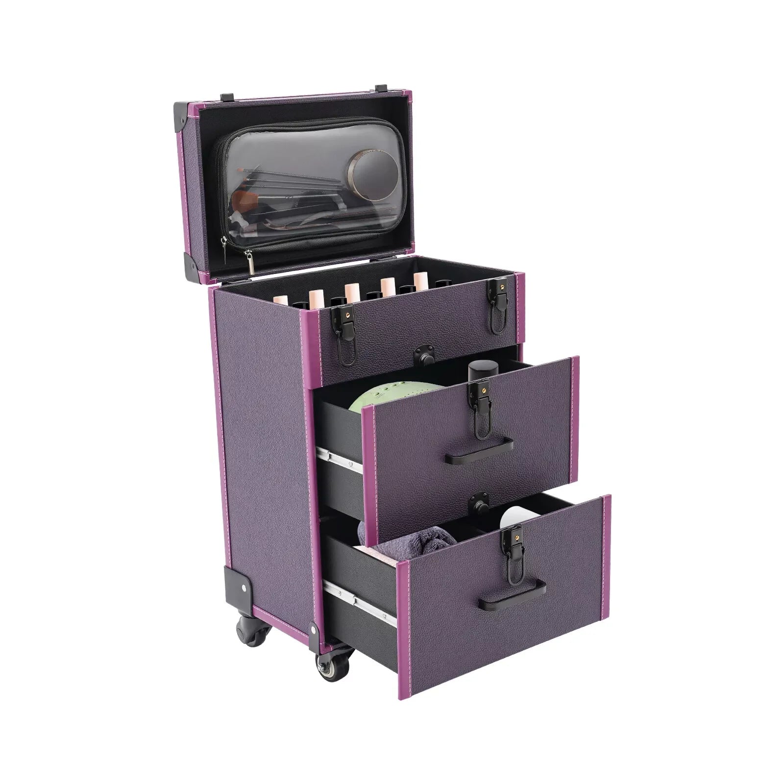 Rolling Makeup Case Cosmetic Case Trolley Make Up Suitcase with Wheels Purple