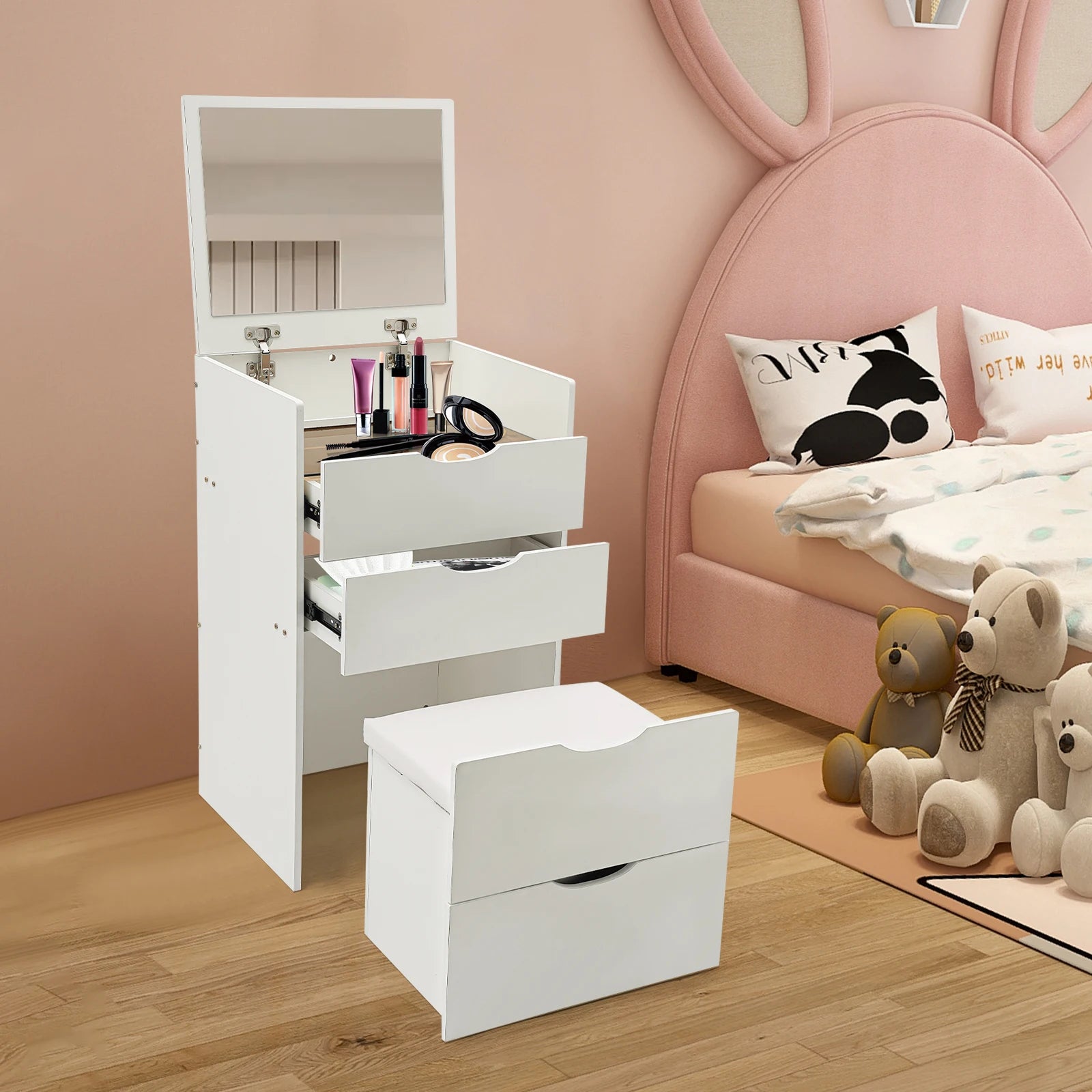 3 Drawers Vanity Desk, Freestanding Vanity Desk with Makeup Stool, Modern Rectangular Makeup Vanity Table