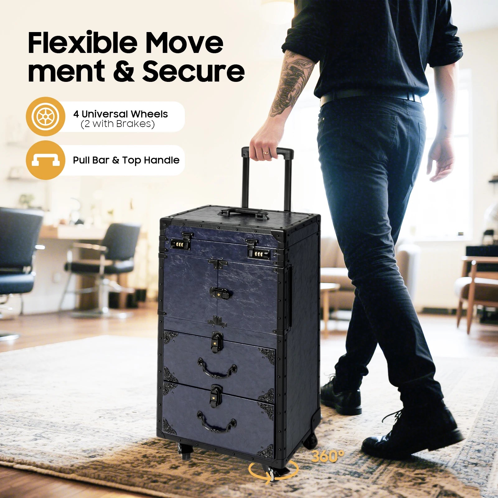 Rolling Lockable Vintage Makeup Train Case Hairdressing Trolley Beauty Salon Cosmetic Organizer Travel Box with Metal Wheels