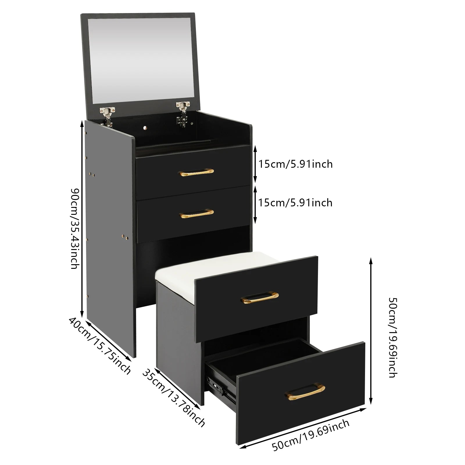 Black/White Makeup Desk with Mirror Compact Dressing Table 3-in-1 Design Small Make Up Table