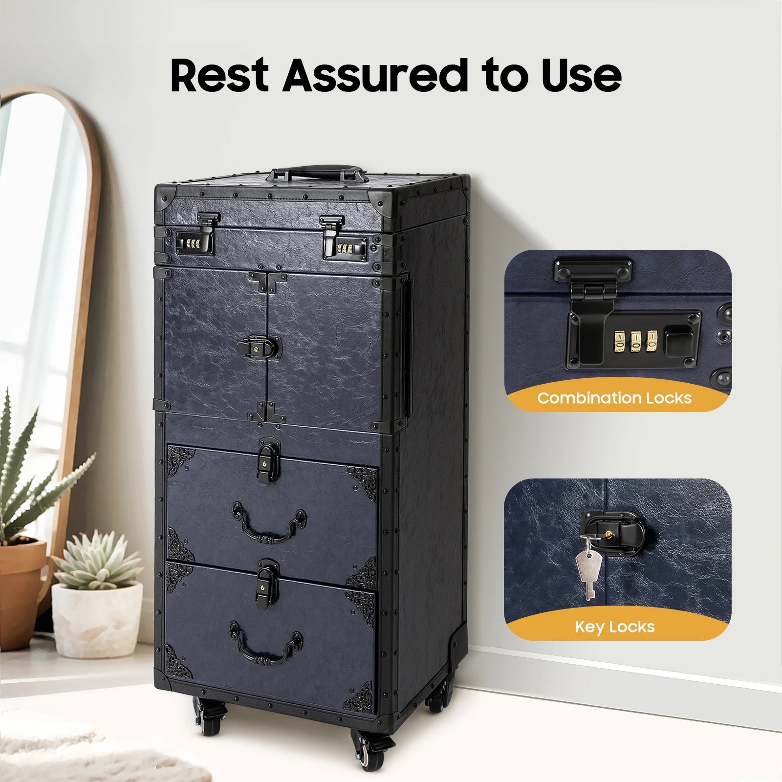 Rolling Lockable Vintage Makeup Train Case Hairdressing Trolley Beauty Salon Cosmetic Organizer Travel Box with Metal Wheels