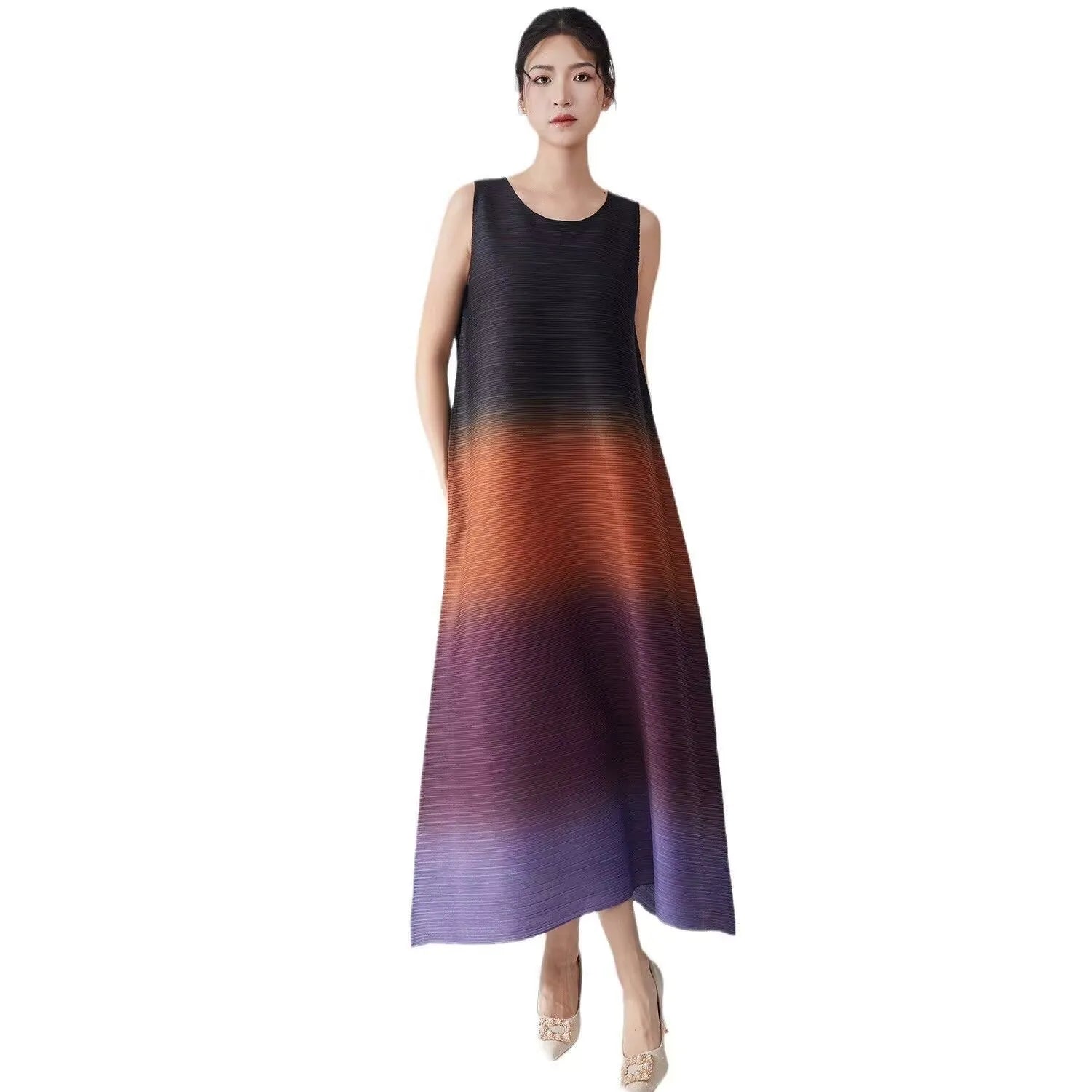 Womens Dresses Evening Dresses Ladies' Lssey Miyake Dress's High Sense Wear 2025 New Gradient Sleeveless Loose Long Dress Tide