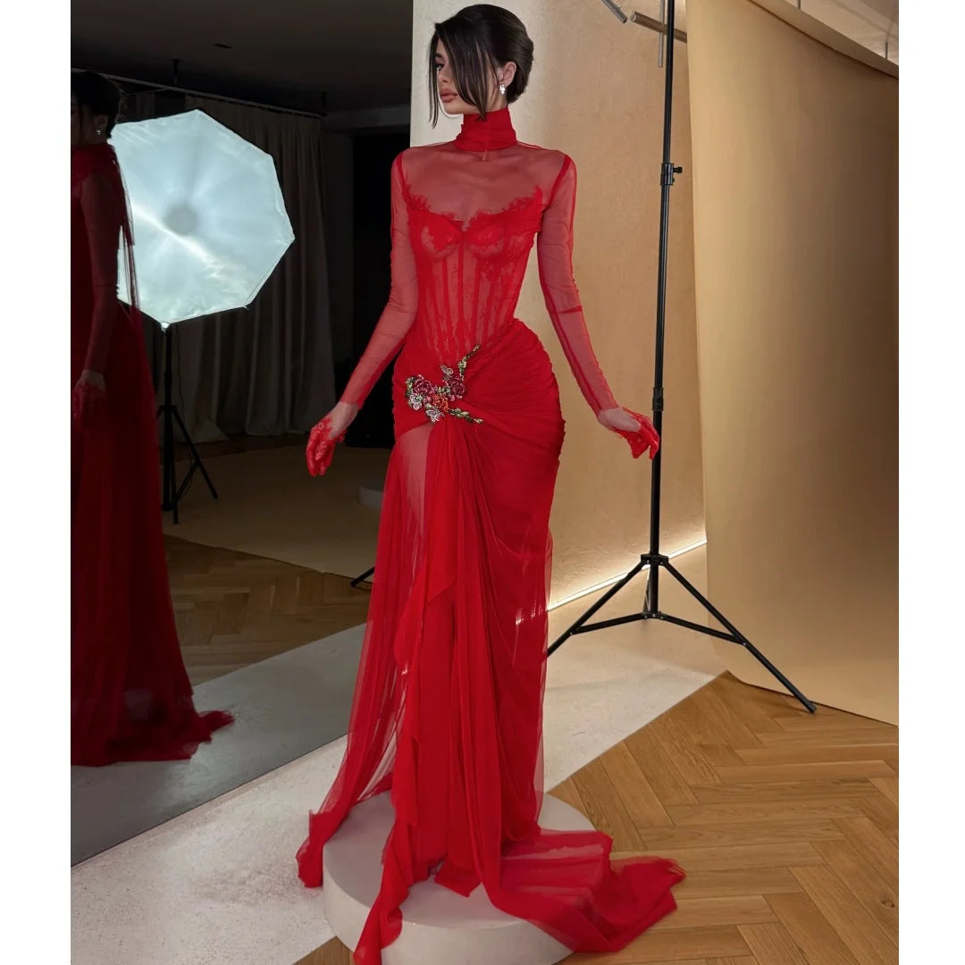 Red Evening Dresses Woman Long Sleeves vestidos de noche Arabic High Collar Prom Dress Embroidery Party Gowns Customized