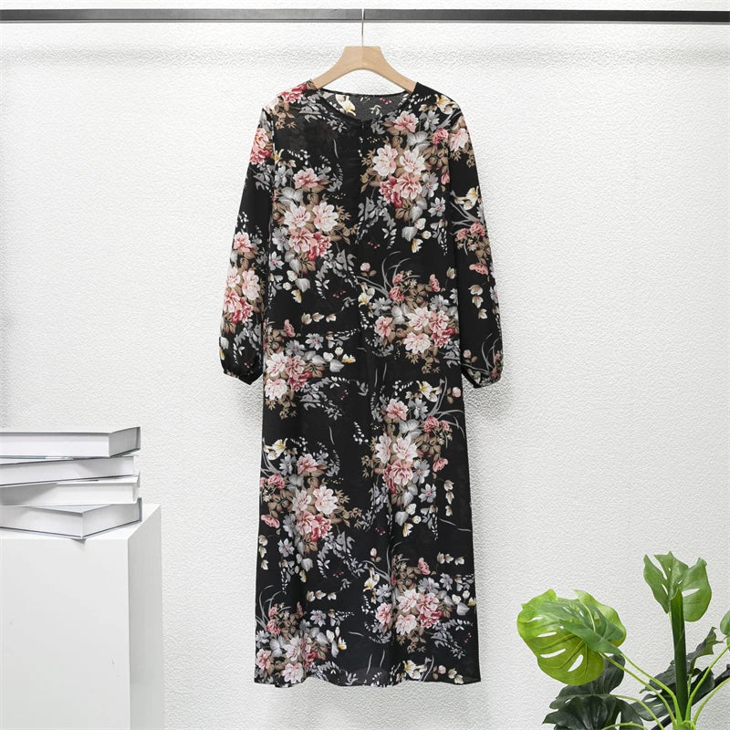 Muslim Dresses Women Maxi Dresses Mujer Vestidoes Female Loose Dresses Full Sleeve Printed Floral Casual Robe Long Dress