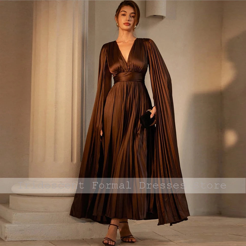 Draped Women Evening Dresses Long Elegant V Neck Prom Dress for Night Party Cap Sleeves Classic Cocktail Gowns Formal