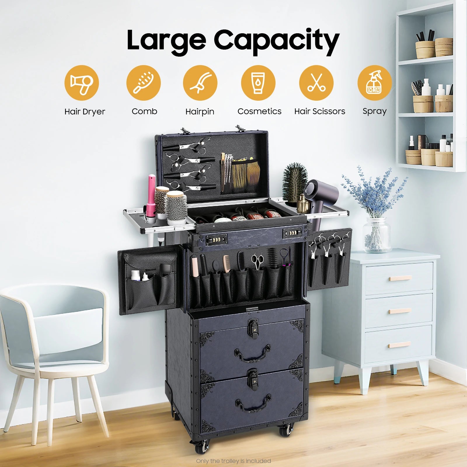 Rolling Lockable Vintage Makeup Train Case Hairdressing Trolley Beauty Salon Cosmetic Organizer Travel Box with Metal Wheels