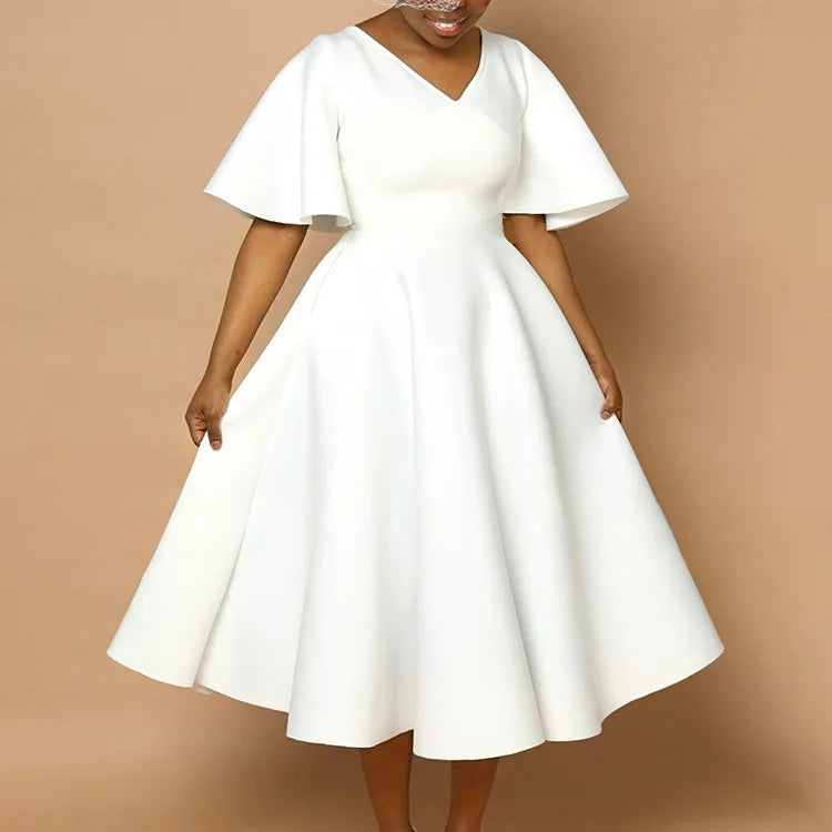 Elegant Party Dresses for Women V Neck Ruffles Sleeve High Waisted Pleated Mid Calf Luxury Birthday Dinner Vestidos Mujer Dress