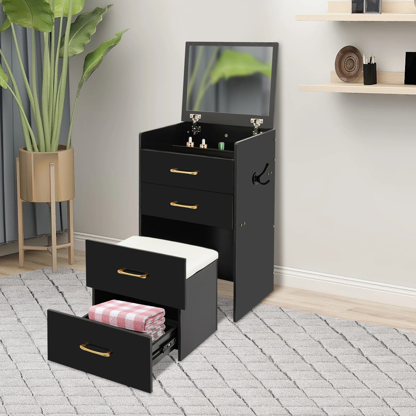 Black/White Makeup Desk with Mirror Compact Dressing Table 3-in-1 Design Small Make Up Table